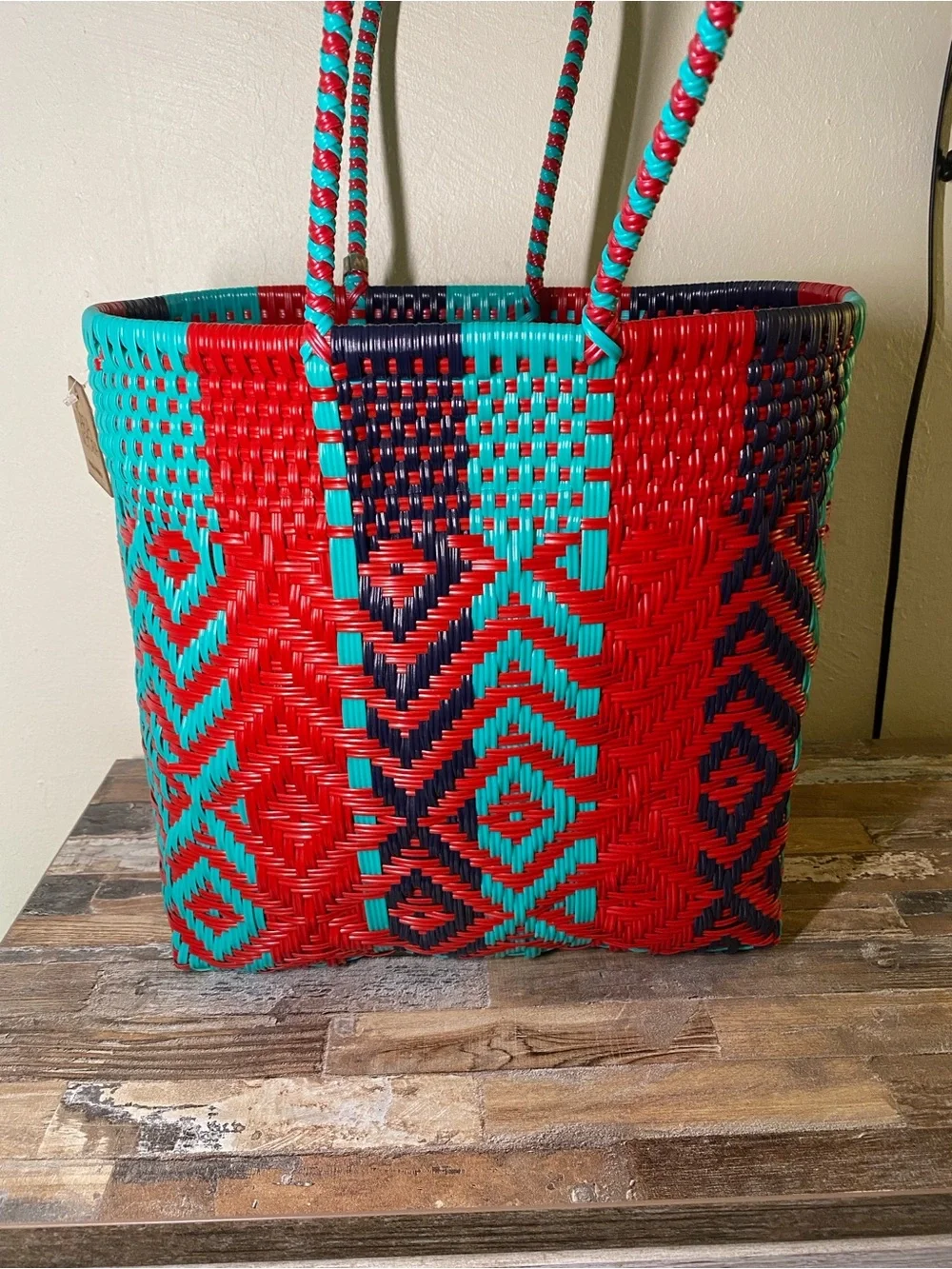 Maria Victoria Braided Geometric Tote in Red, Teal & Black
